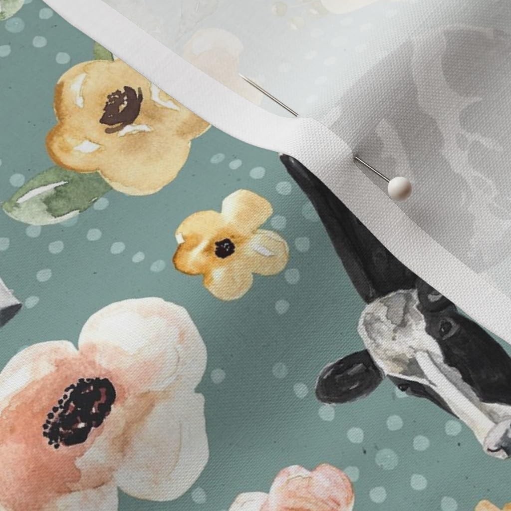 Spoonflower Fabric - Farmhouse Blue Cows Flowers Large Pink Floral Dots Spring Watercolor Printed on Petal Signature Cotton Fabric Fat Quarter - Sewing Quilting Apparel Crafts Decor