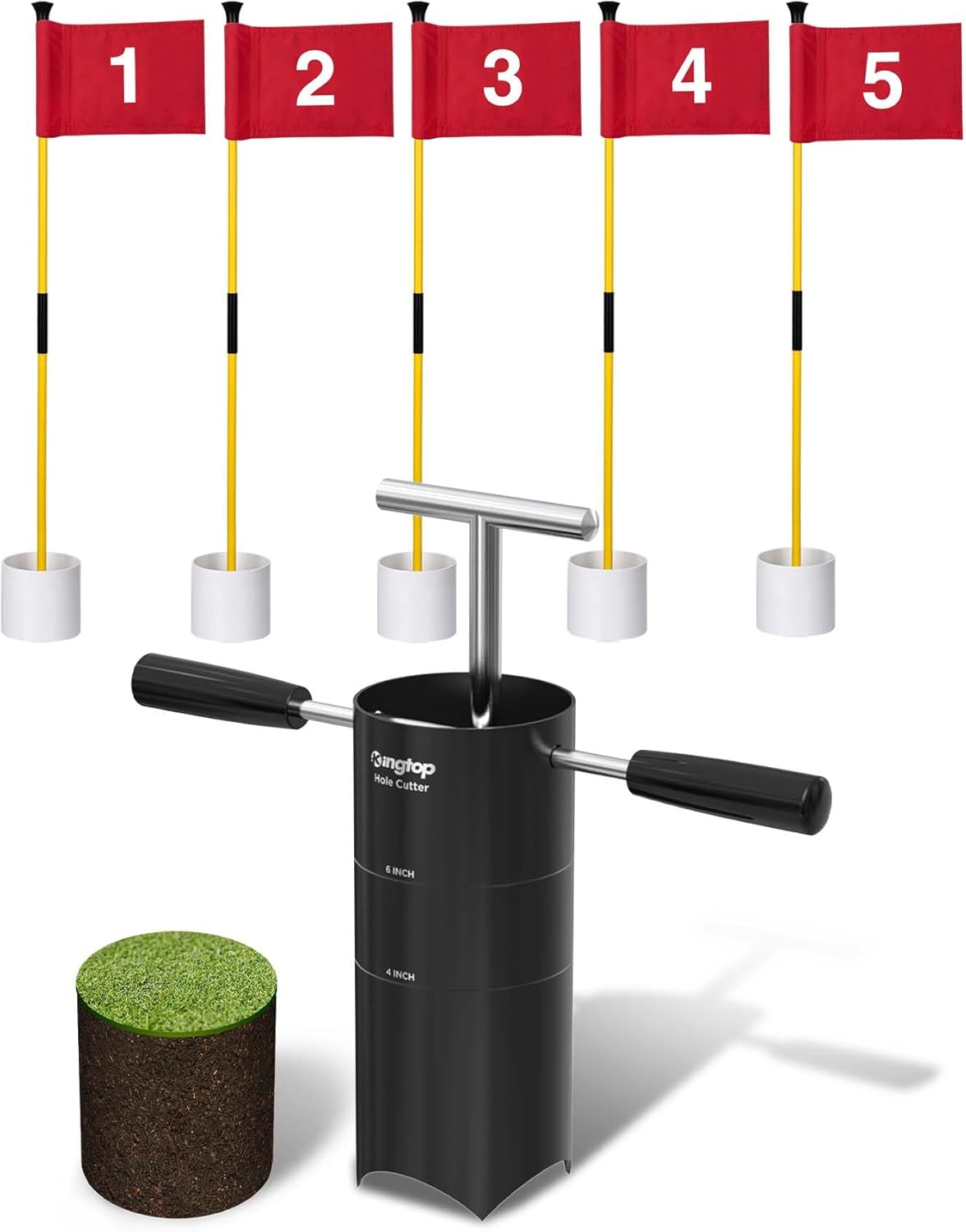KINGTOP Portable Golf Hole Cutter and 3ft Golf Flagstick Bundle – Carbon Steel Blade for Easy Digging, 2-Section Ball Retrieving Flagstick for Backyard Practice Putting Green
