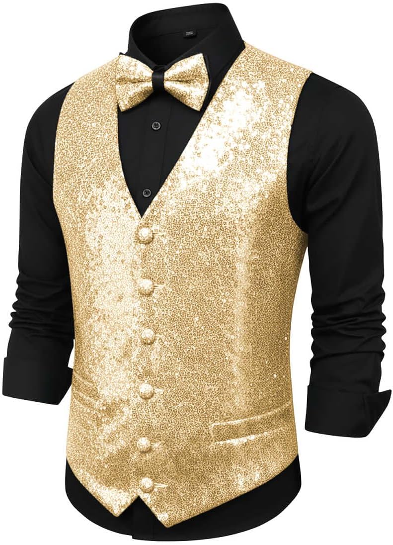 Sequin Vest for Men Slim Fit V Neck Sparkly Waistcoat Bowtie Set Wedding Prom Party Tuxedo Vests