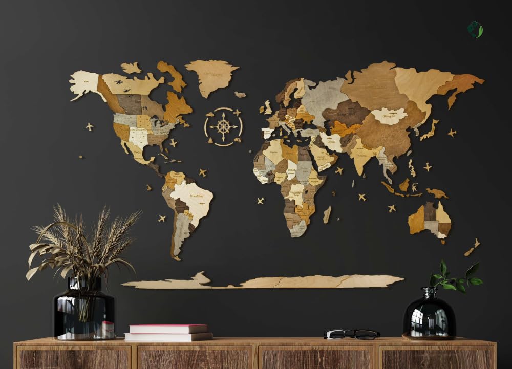 Natura Products Drewniane puzzle 3D, mapa świata – dekoracja ścienna z drewna z kompasem – [małe, 130 x 70 cm, duże 200 x 110 cm) (200 x 110 cm)