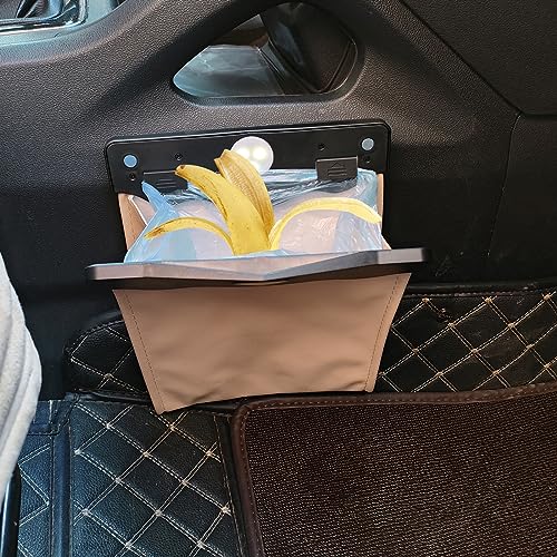 Image of Car Trash Can with LED Light and Magnet Closure Design, Passenger Side Waterproof PU Leather Garbage Bag, Back Seat Hanging Leak Proof Reusable Traveling Portable Offices Garbage Cans (Beige)