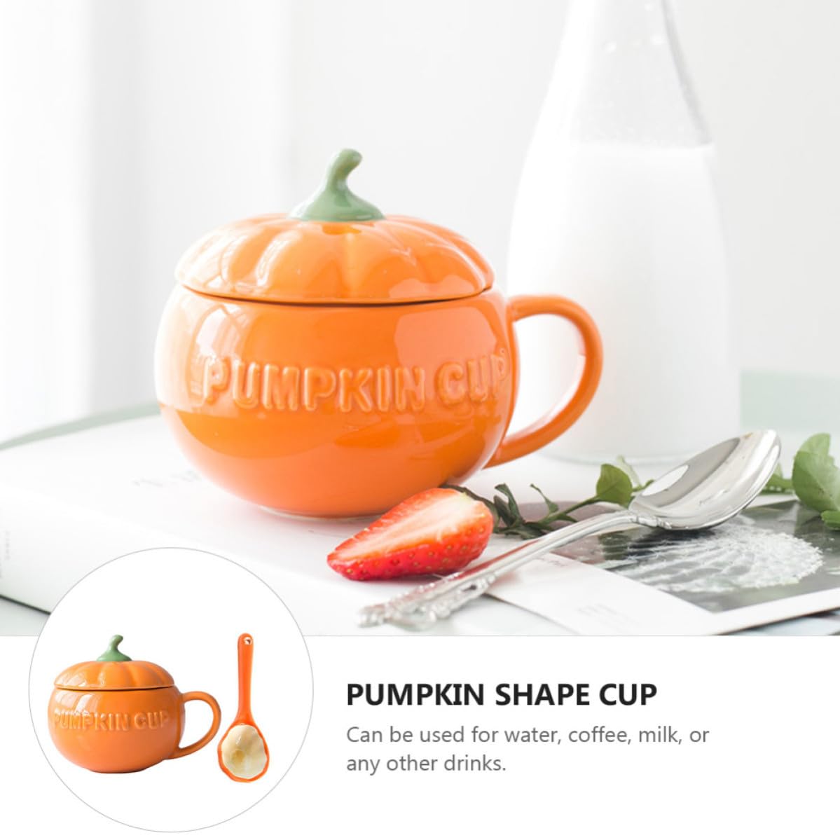 Halloween Milchbecher Keramik Kürbis mit Löffel für Halloween Mottoparty