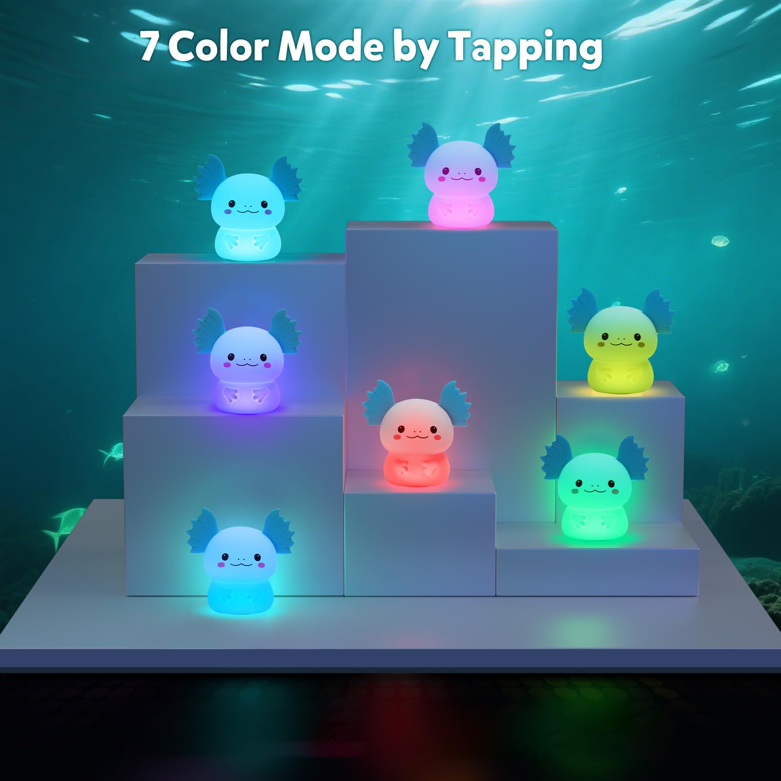 Bonita luz nocturna de ajolote para niños, 7 colores cambiantes y 3 niveles de brillo ajustables, lámpara de noche de silicona recargable, lámpara de noche de animales para habitación de
