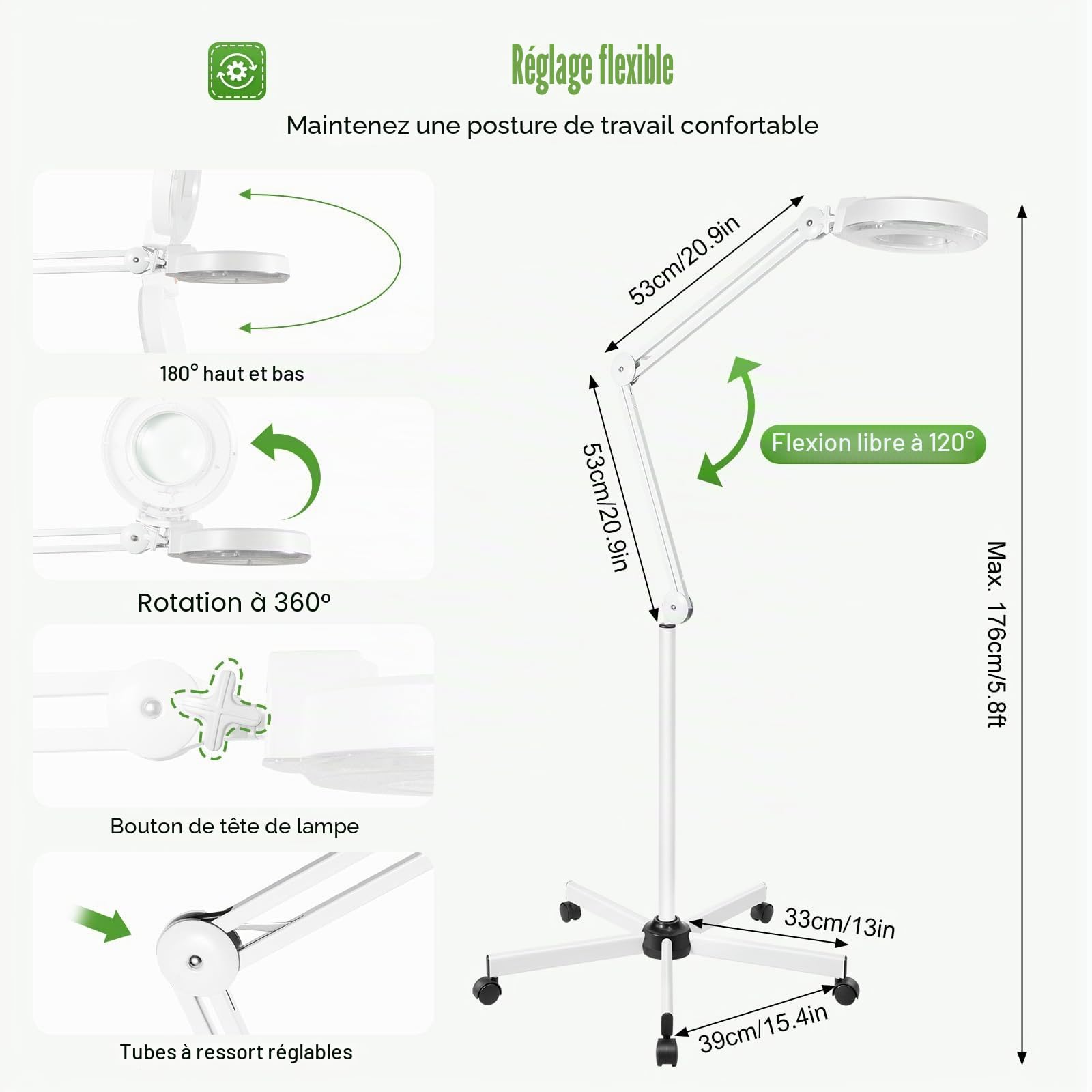 Lampe loupe LED avec grossissement 8X, 24 W, sur pied avec roulettes et bras pivotant, lampe grossissante avec 120 LED pour cosmétiques, salon de manucure, artisanat, électronique et lecture
