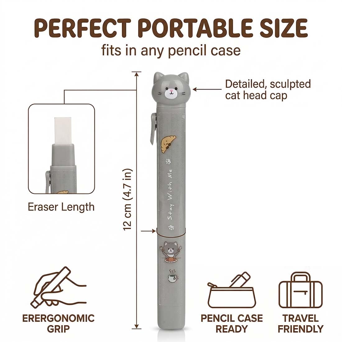 Gomme per Matite Retrattili con Design Gatto Carino - 4 Pezzi per Bambini, Disegno e Scrittura