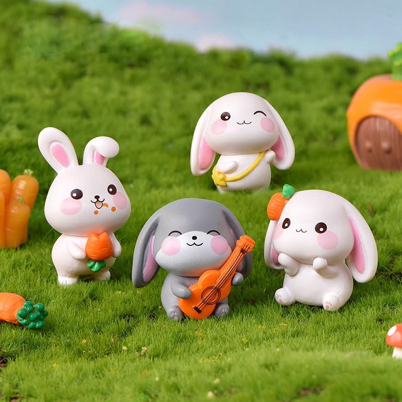 Image of 4 Pcs Cute Rabbit Miniature Figurines Set for Home Decor, Office Desk, Car Dashboard & Bookshelf Decoration | Kawaii Bunny Toy Gift for Kids & Room Decor (Rabbit)