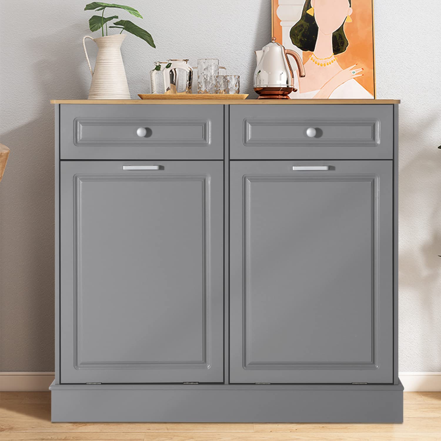 ONG Double Kitchen Trash Cabinets Dual Tilt Out Trash Cabinet w/Two Hideaway Trash Holder, Freestanding Wooden Trash Can Recycling Cabinet, Kitchen Waste Can Bin w/Two Solid Wood Drawers(Grey)