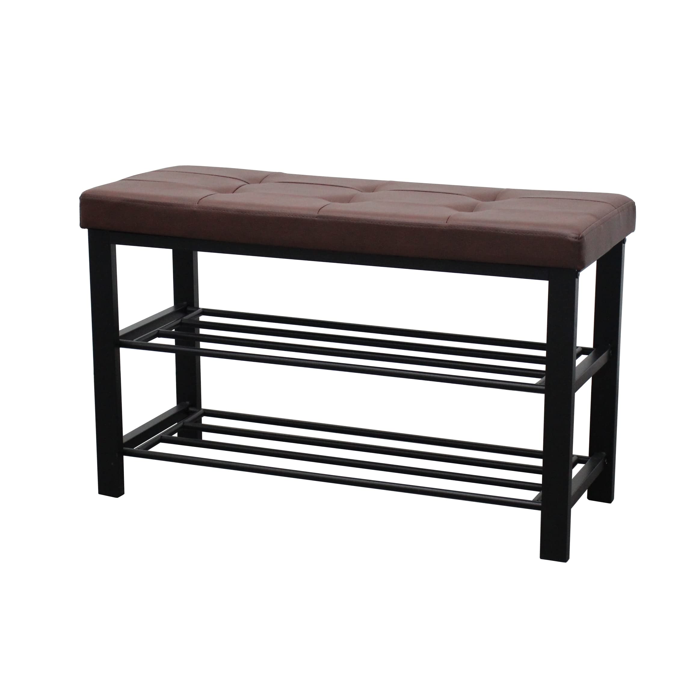 La Maison Shoe Rack Bench 3 Tier Leather Button Tufted Cushioned Seat Hallway Padded Storage Organiser Entryway Shelf Metal Frame (Brown)