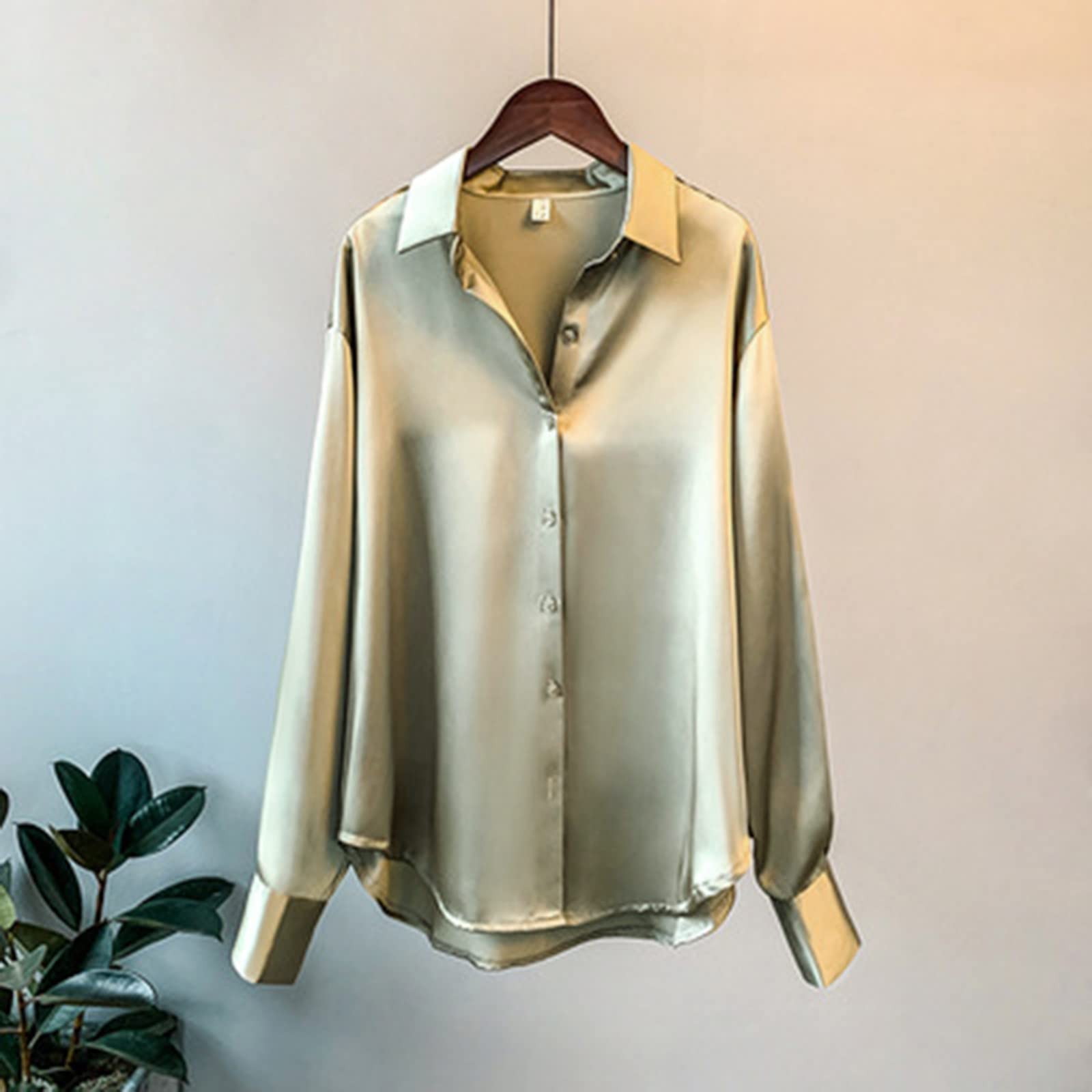 Camiseta Blanca Elegante Mujer Manga Larga - Top Blanco Mujer Elegante Satén Túnica Cierre Frontal de Seda Camisa Oversize Protección Solar Top Color Sólido Versátil Bluse Ligero Transpirable