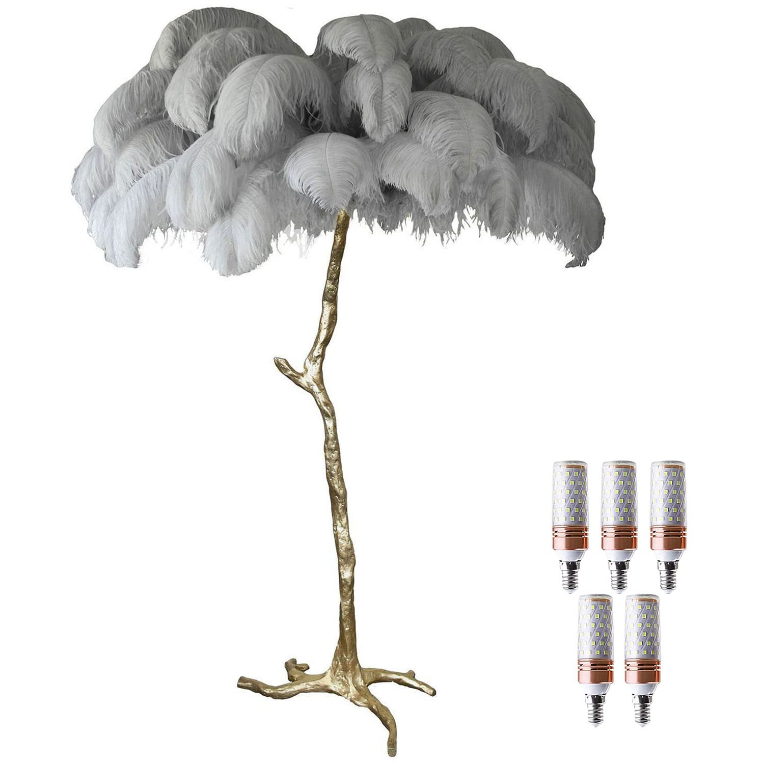 BAHOJAS LED Dimmable Floor Lamp With Natural Ostrich Feathers - Modern Luxury Resin Standing Lamp For Living Room, Home & Office Decoration