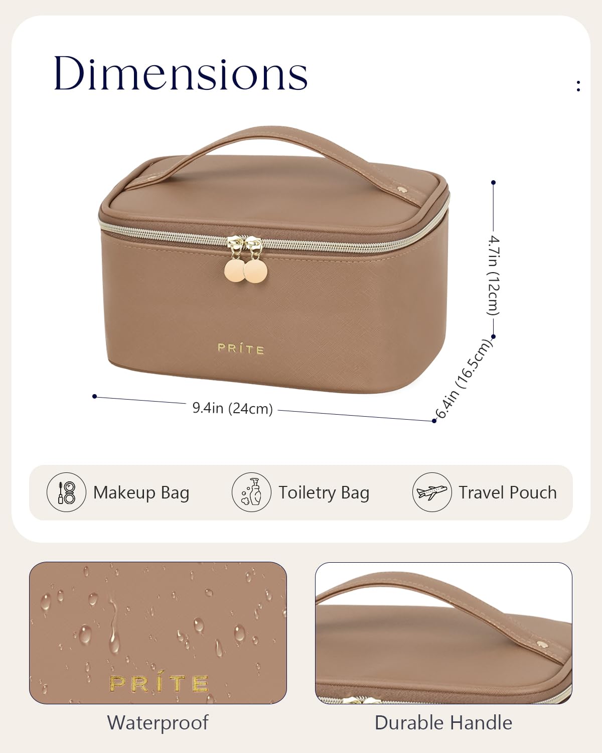 Prite Kosmetiktasche Kulturtasche Damen mit Pinselfach, Braun, Standard | Reise Make Up Tasche, Schminktasche, Kulturbeutel, Mehrere Fächer, Wasserabweisendes Kunstleder, Abnehmbarem Trenner, Griff