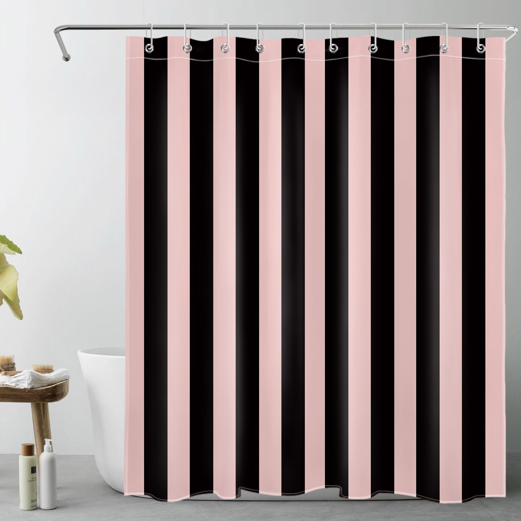 EOBTAIN Pink and Black Striped Shower Curtain for Bathroom Modern Abstract Minimalist Vertical Stripe Shower Curtains with 10 Hooks Vintage Aesthetic