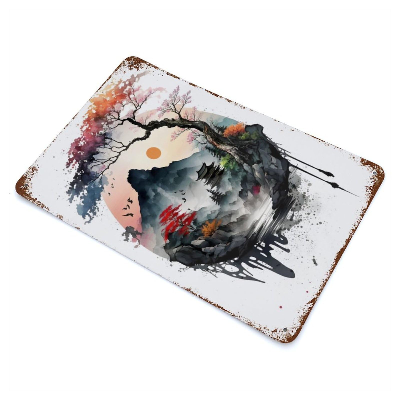 Distressed Metal Wall Sign with Watercolors Japanese 4 Design 11.8"x7.9", for Office, Studio And Wall Decor, Industrial Home Decor
