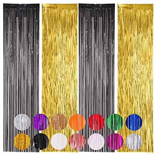 Image of Voircoloria 4 Pack Black and Gold Foil Fringe Backdrop Curtains, Tinsel Streamers Birthday Party Decorations, Fringe Backdrop for Graduation, Baby Shower, Gender Reveal, Disco Party