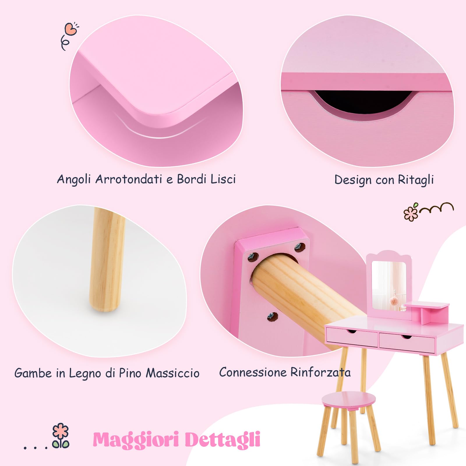 COSTWAY 2 in 1 Set Toeletta per Bambini, Postazione Trucco in Legno con Sgabello, Specchio Rettangolare Staccabile e 2 Cassetti Capienti, Ideale per Bambini dai 3 ai 7 Anni (Rosa Scuro)