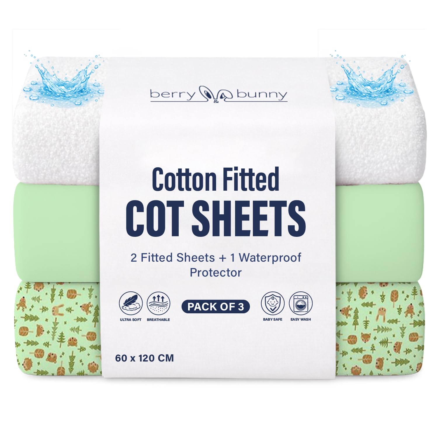 Berry & Bunny 3 Pack Cot Bed Sheets 120 x 60 cm – 100% Cotton 2 Fitted Sheets & 1 Waterproof Mattress Protector Cover – Soft Breathable Cot Sheets for Baby Mattress – Green Forest