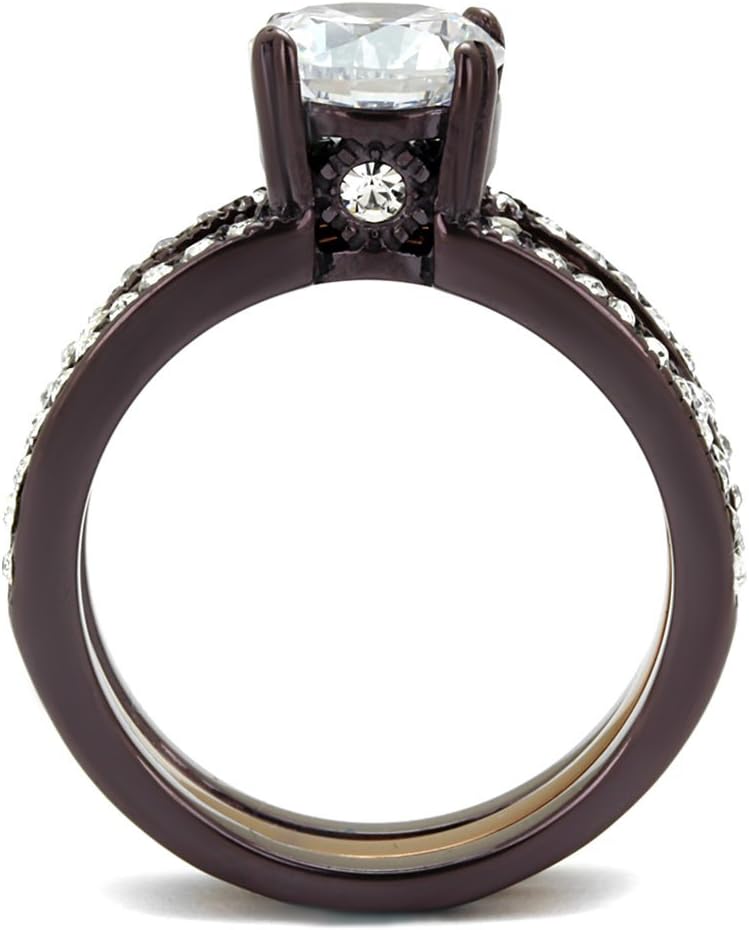 Marimor Jewelry 2.75 Carat Round Cut Cubic Zirconia Chocolate Stainless Steel Wedding Ring Set Women's Size 5-10