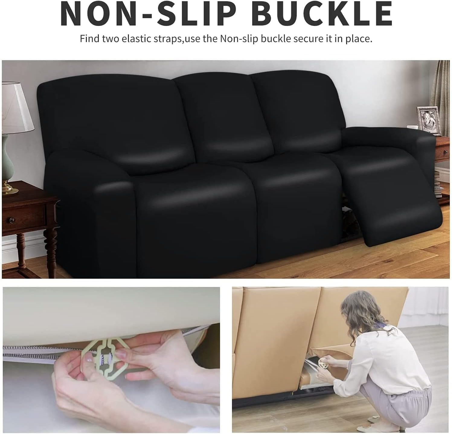 Waterproof Recliner Sofa Cover PU Leather Recliner Sofa Slipcovers Stretch Reclining Couch Cover Furniture Protector with Side Pocket for Living Room (Color : Black, Size : 3 Seater 8-Piece)