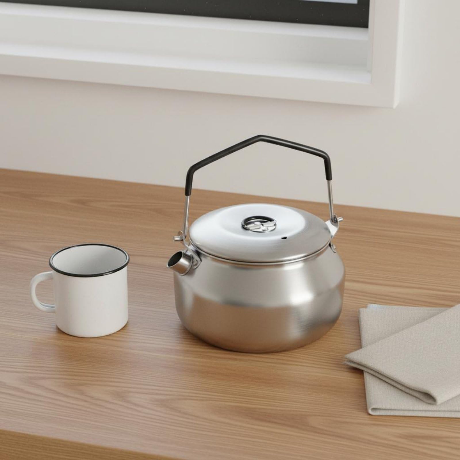 MERIGLARE Bouilloire en Acier Inoxydable Bouilloire de Camping Marmite Théière Cafetière Pot Acier 304 Résistant au Feu Poignée Pliable Anti-chaleur Chauffage, Khaki