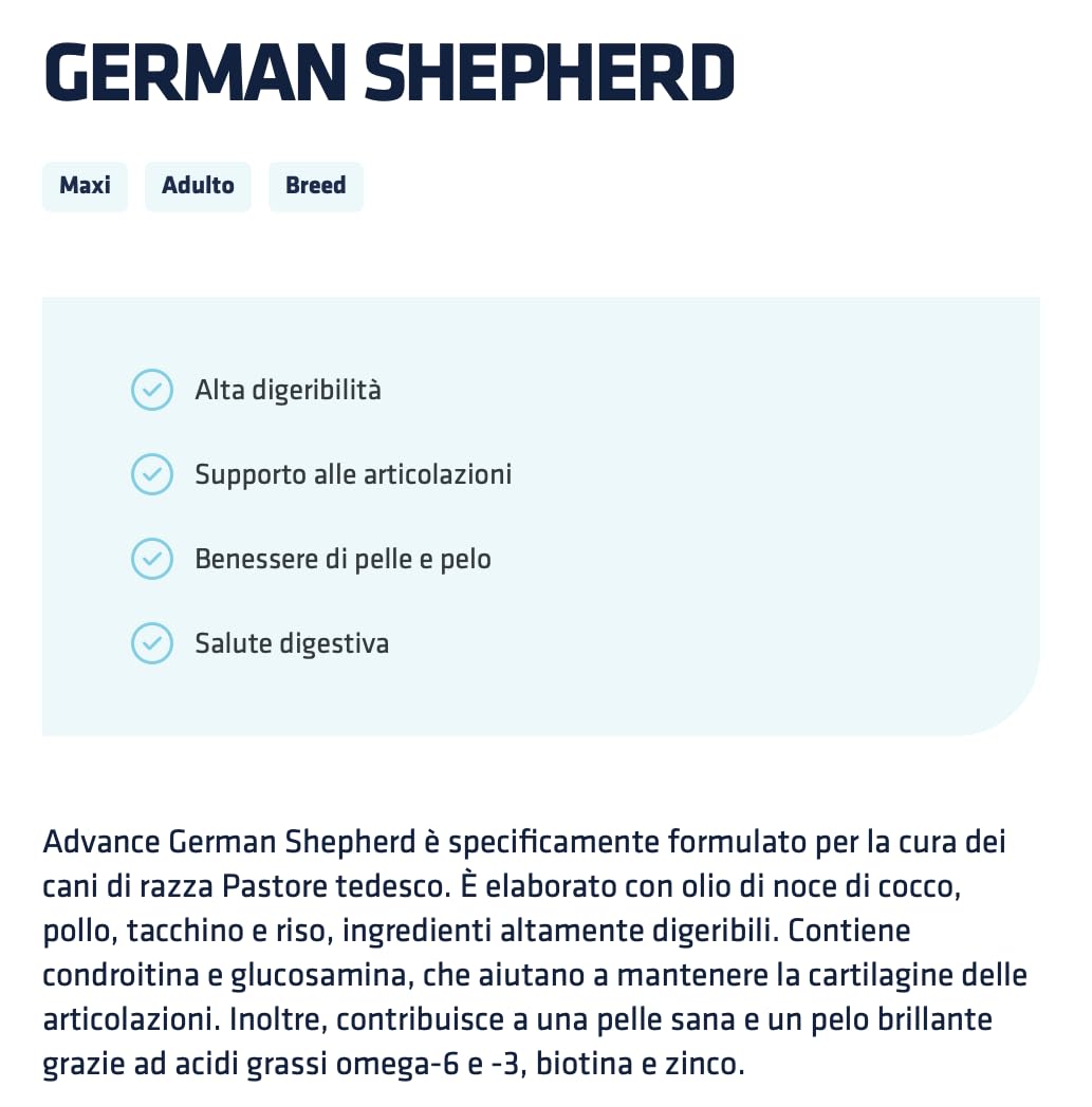 ADVANCE Cane GERMAN SHEPHERD 12kg gusto Tacchino | alimento secco completo dietetico per cani di razza Pastore tedesco, 1 confezione da 12kg.
