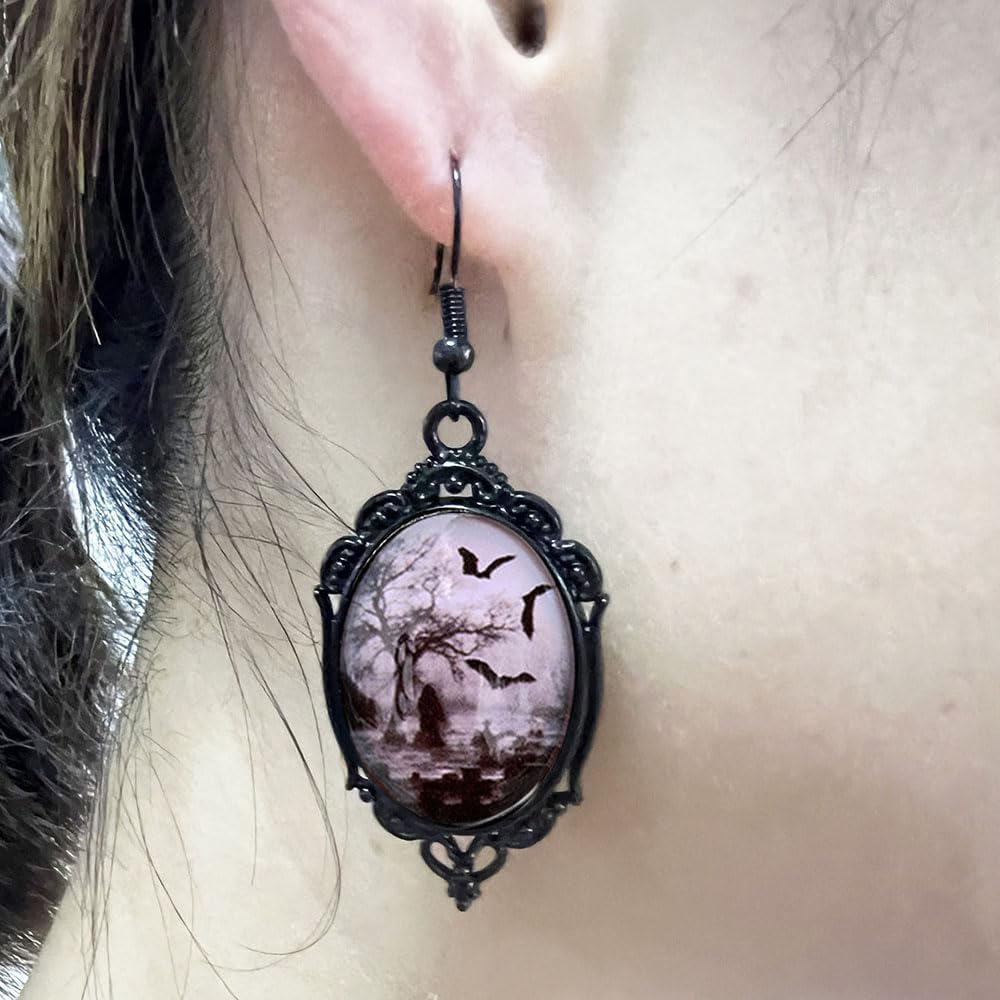 Gothic Bat Cameo Earrings Vintage Witch Dangle Earrings Punk Dark Raven Earrings Halloween Jewelry Accessories for Women - Image 3