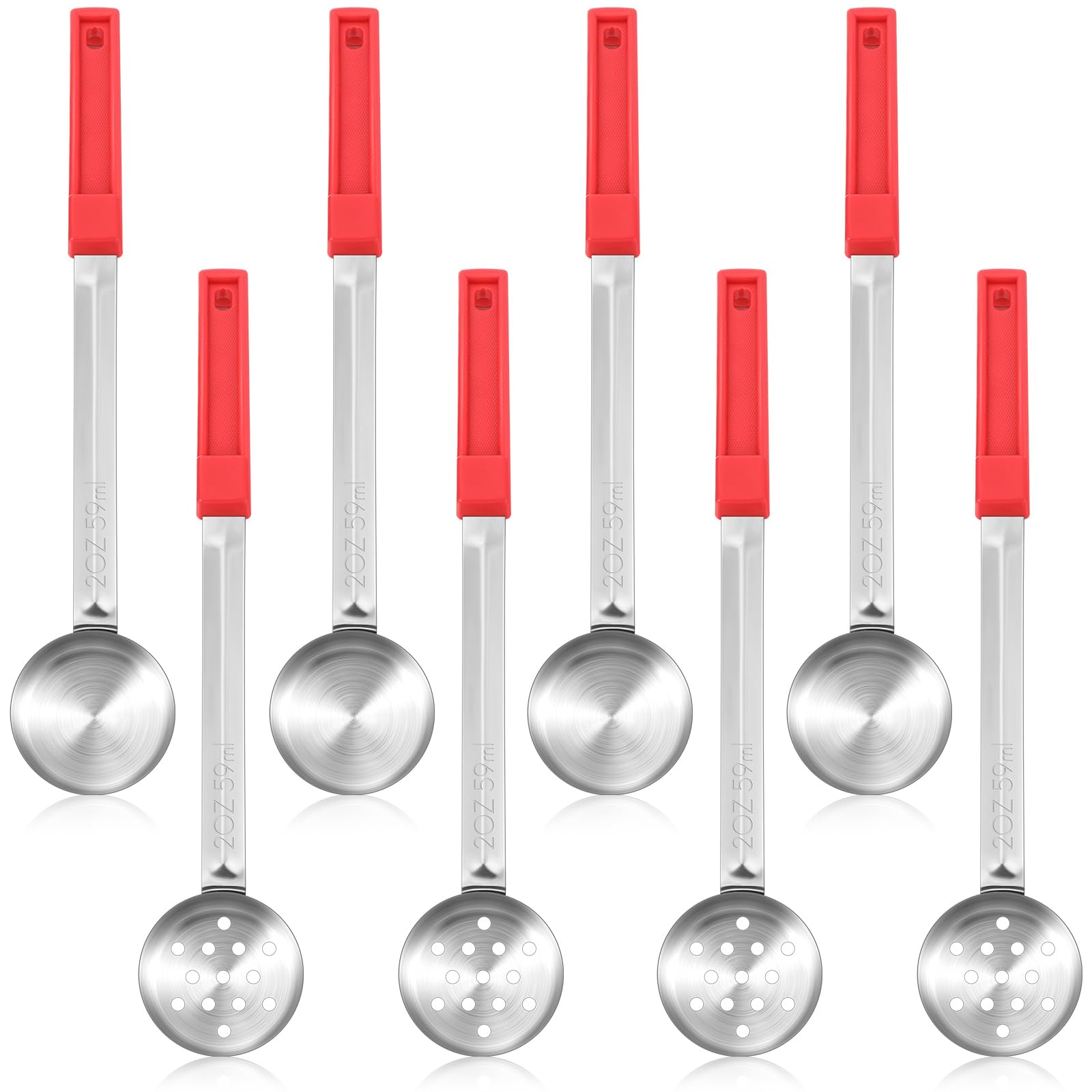 Teenyyou Juego de 8 cucharas de servir para control de porciones, cucharas de porción, cucharas de acero inoxidable sólido y ranurado para alimentos, juego de utensilios de servir para fiestas (rojo,