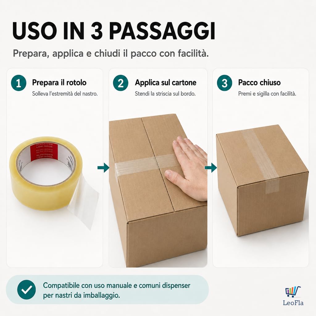 Set 36 Rotoli di Nastro Adesivo Trasparente in PPL, 6 Confezioni da 6 Rotoli, Confezione singola 30 x 20 x 5 cm - Nastro da Imballo Silenzioso per Spedizioni, Scatole, Traslochi e Ufficio
