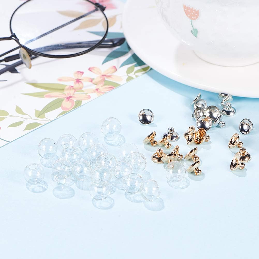 PH PandaHall 50 pcs 10mm Mini Empty Clear Glass Globe Bottles with Platinum & Golden Brass Bails Cap for Earring Pendant DIY Jewelry Making