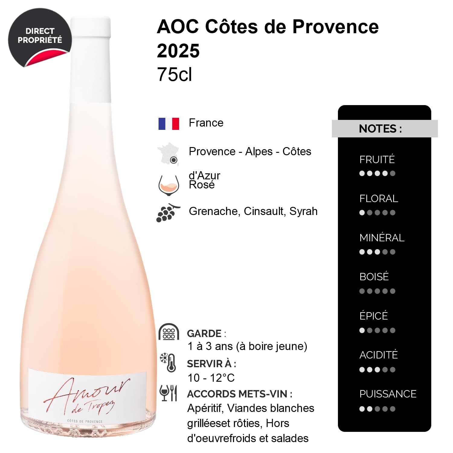 Côtes de Provence Amour de Tropez - Rosé 2025 - Domaine Tropez - Vin Rosé (3x75cl)