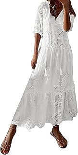 Maxi Dress Women's Summer White Dress with Hole Embroidery Elegant Lightweight Summer Dress Long Baggy Casual Dress Medium Length Sleeves Pullover Dress with Drawstring Ruffles Maxi Dress Women's