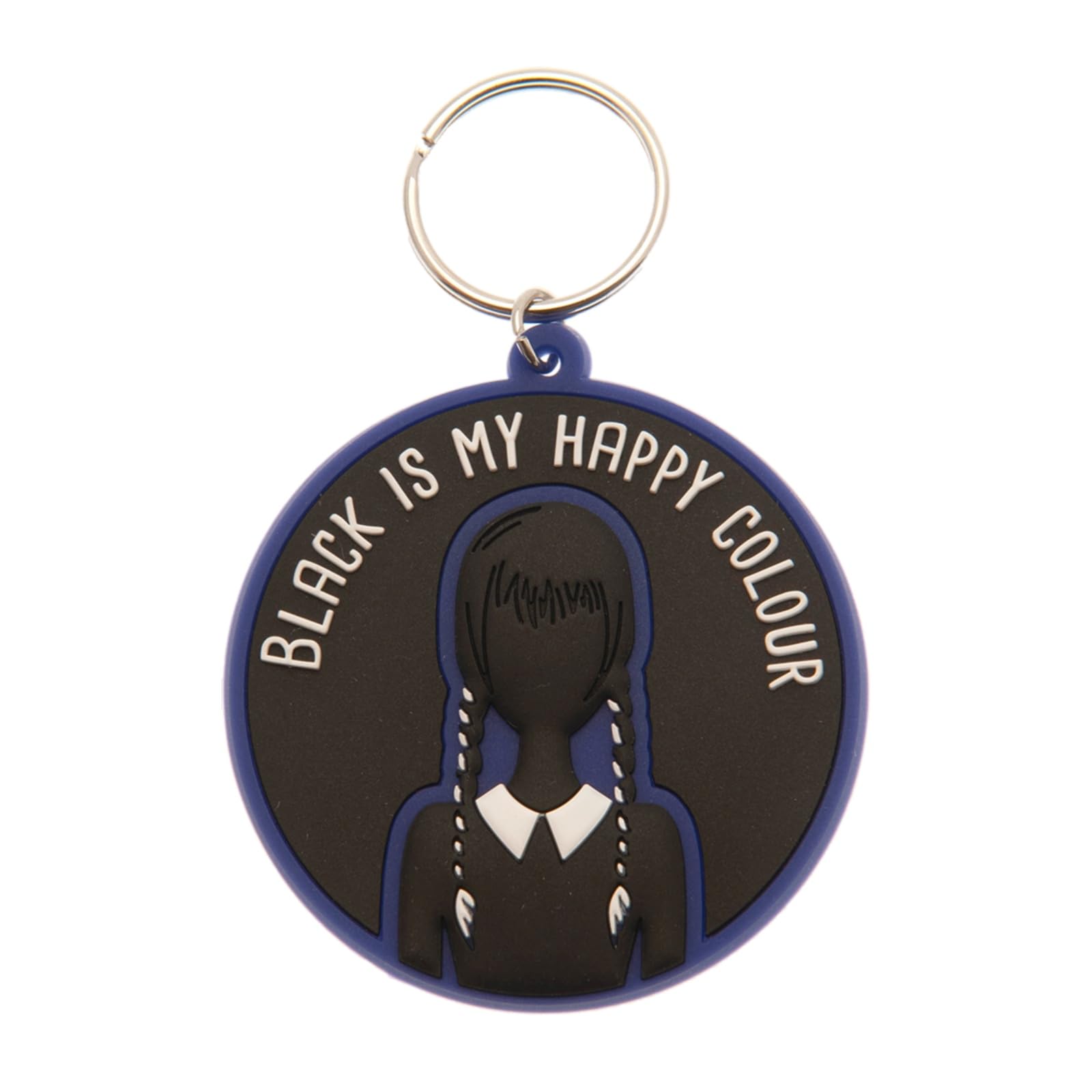 Platinum Place 1 x Wednesday Addams Family Keychain Rubber Keyring Black is My Happy Colour Key Split Ring Holder Fob Luggage Bag Tag Round Design