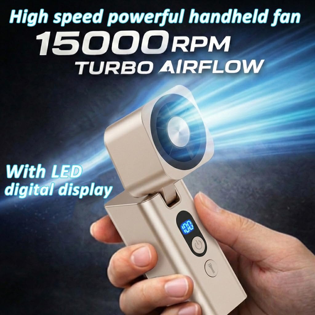Metal Portable Mini handheld fan 1-100 speed 15000PRM,Rechargeable Pocket Personal handheld turbo fan 5000mAh with flashlight,Small hand held face fan for Travel Camping Beach,Gifts for Women (Gold)