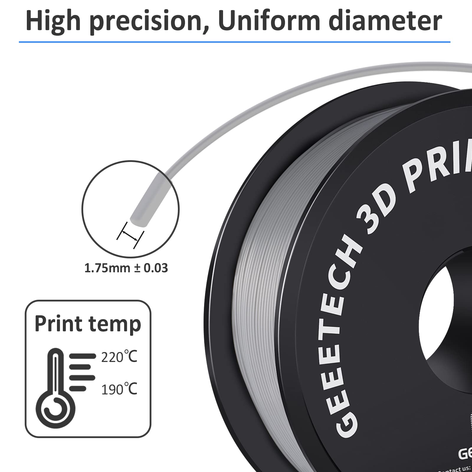 GEEETECH Filamento PLA 1,75 mm, GEEETECH PLA Grigio, Filamento Stampante 3D bobina da 1 kg, 0,02 mm, New PLA Grigio…