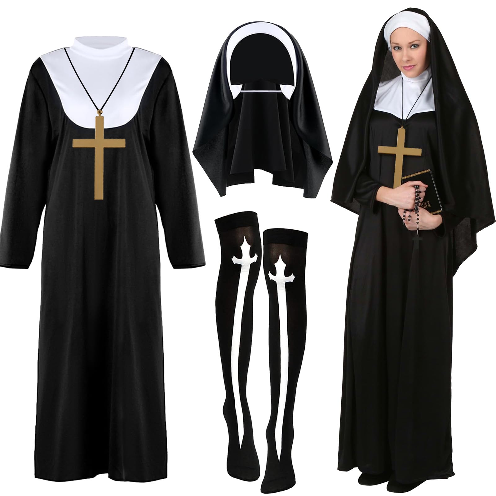 Bryndo Nun Costuem Set for Women Nun Fancy Dress Kit for Halloween Cosplay-M, Black