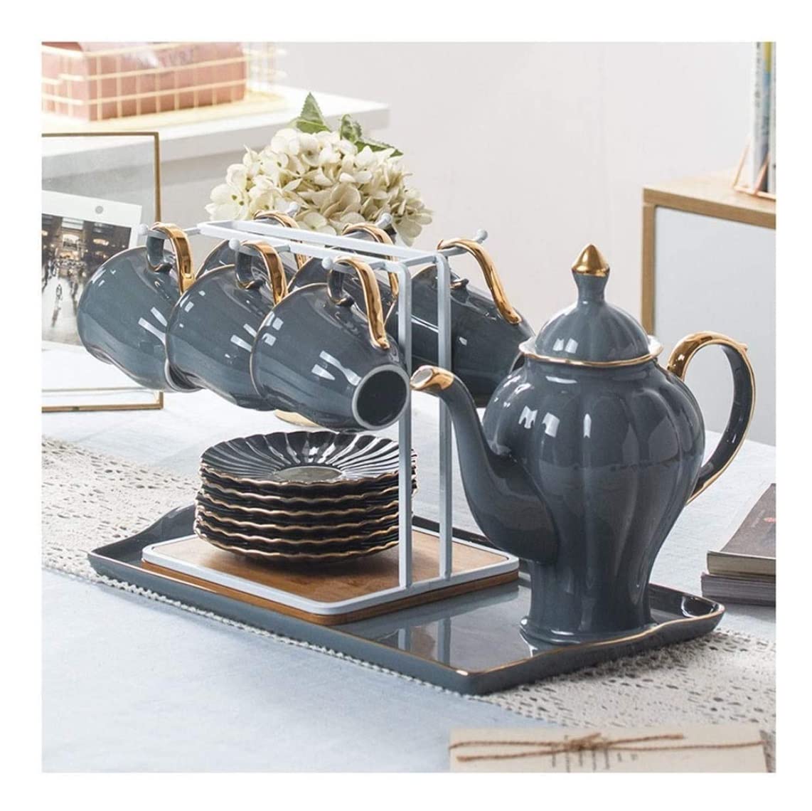 GTHTUHFD Tea Set Tea Cups Teapot Set European Style Tea Set Cups Saucer Holder Tray Ceramic Coffee Tea Set Teapot Cup High Foot Pot Home Afternoon Tea Set Tea Cup Set Tea Pot Set,B-grey-15pcs