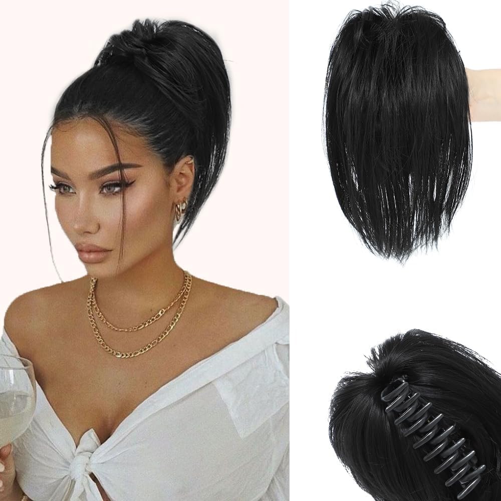 HAIR WALA™ Claw Clip Messy Bun Hair Extensions Black Color,Natural Synthetic Hair Short Ponytail Bun Chignons for Women Girls, 10 Inch Long - Black (Matte Finish)