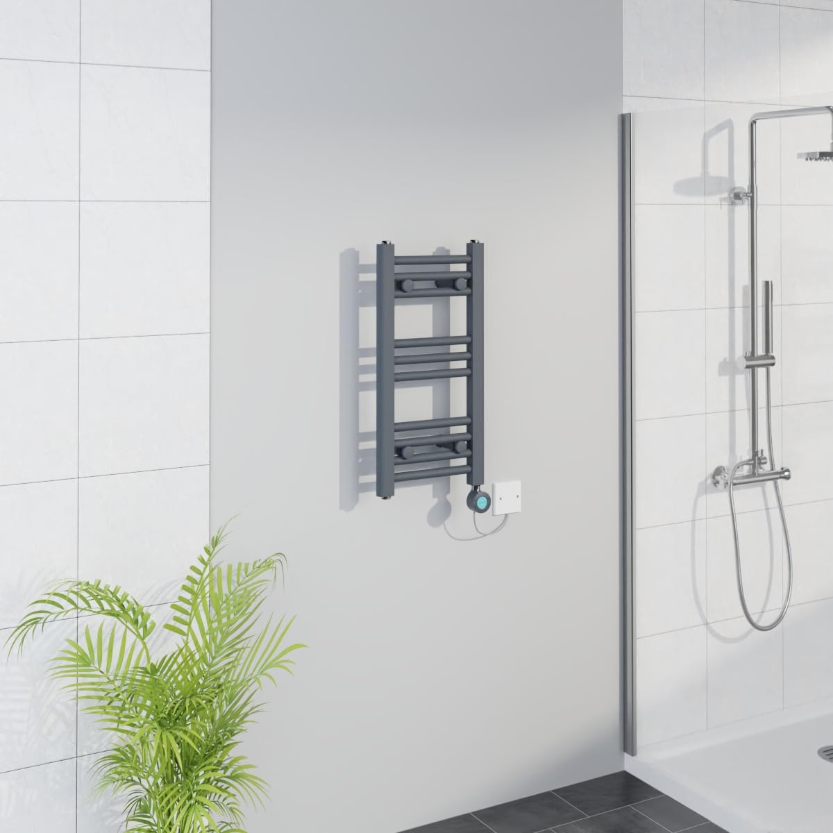 Warmehaus Anthracite Smart Wifi Thermostatic Electric Bathroom Straight Heated Towel Rail Warmer Radiator With Timer 600X300mm