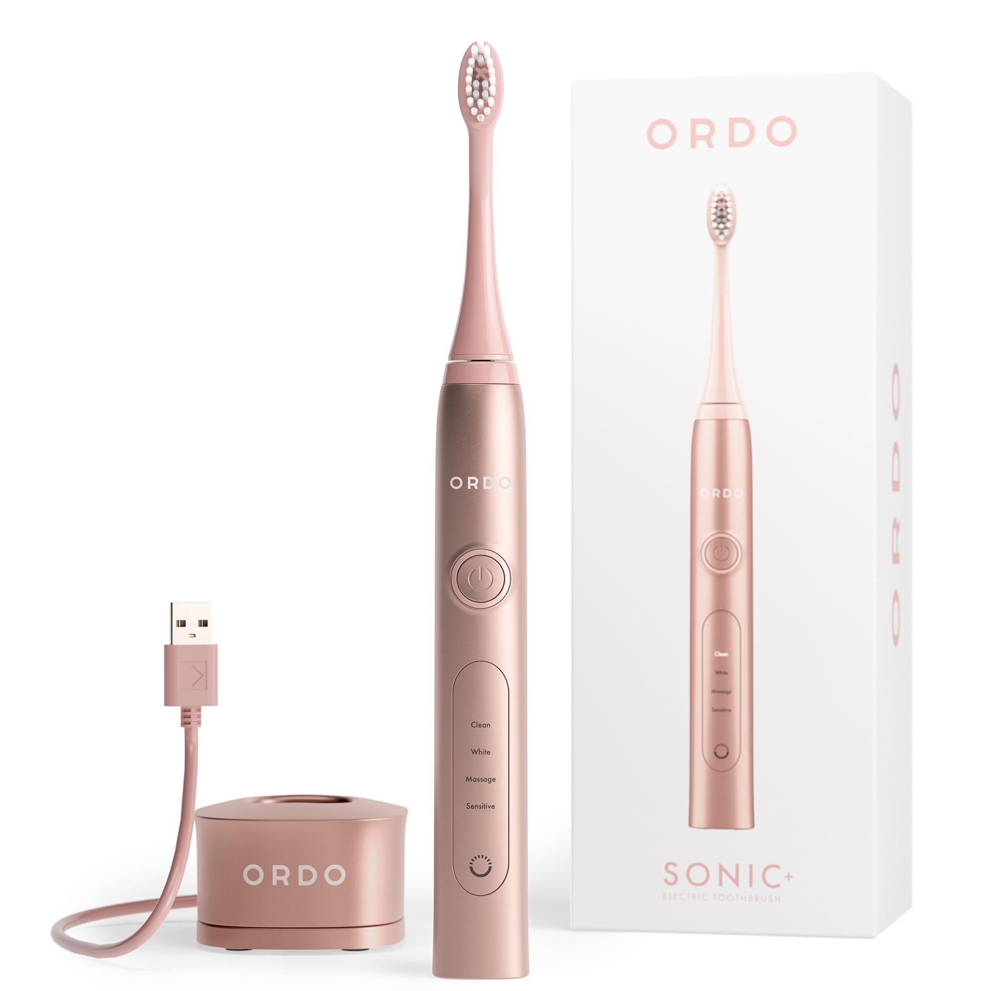 Ordo Sonic+ Electric Toothbrush for Adults, Advanced Smart Tech, 4 Brushing Modes, Fast Rechargeable, Sonic Toothbrushes Over 4 Weeks Battery Life, Silicone Polishing Element, USB Charger, Rose Gold