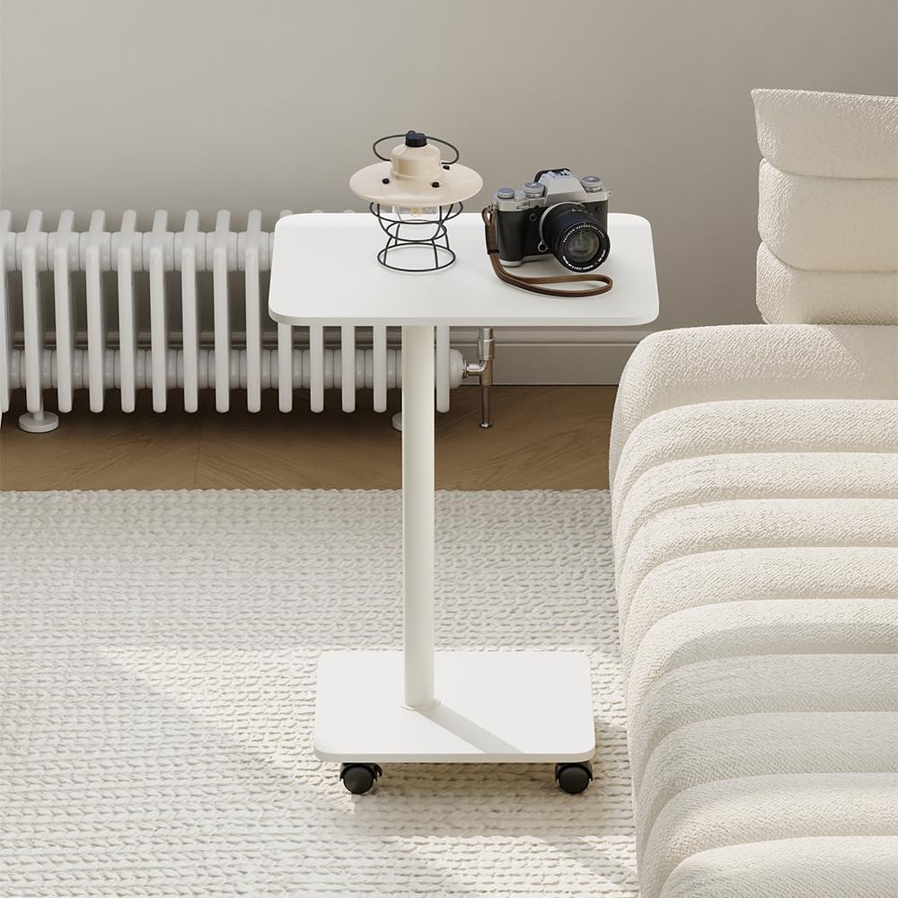 Warmiehomy Bedside Table End Table C-Shaped Side Table 360°Swivel with 4 Casters Coffee Table Sofa Side Table with Metal Frame for Small Spaces Living Room Bedroom 39.5x30.5x56.7cm(White 1)
