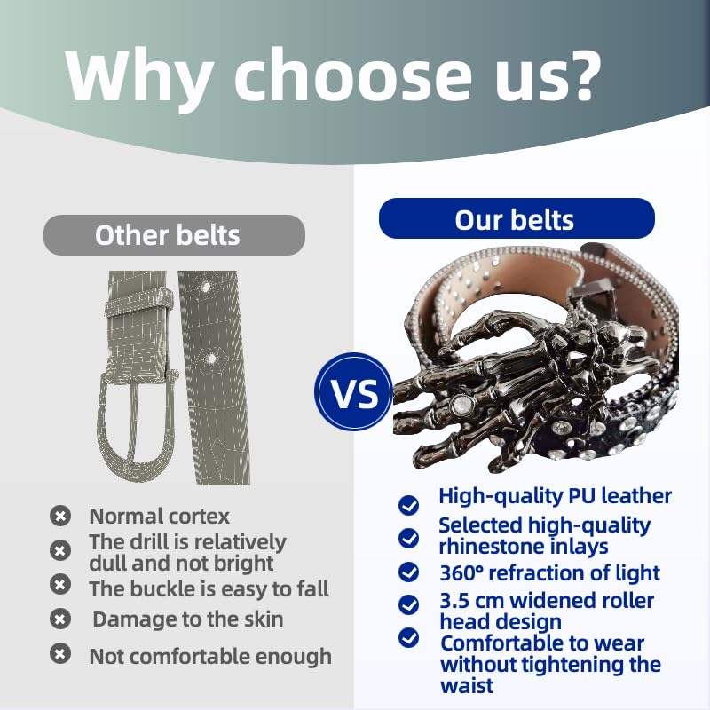 Statement Belt with Ornate Skull Motif Buckle & Triple Rolling Clasps - Rhinestone Studded Adjustable Strap for Men and Women4