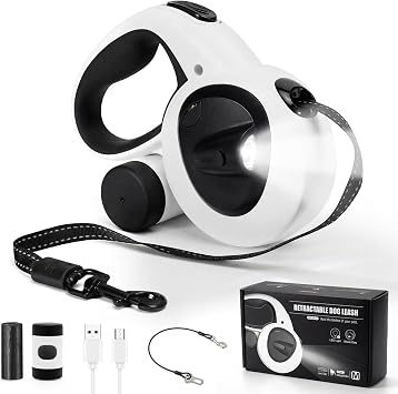 Retractable Dog Leash with USB Rechargeable LED Light, White
