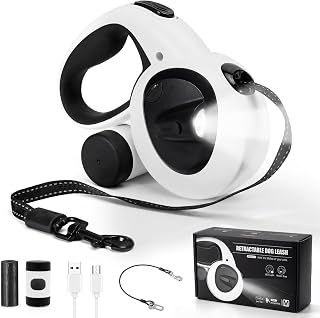 Retractable Dog Leash with USB Rechargeable LED Light, White | 16FT Heavy Duty Dog Lead with Poop Bag Holder & Chew Proof Cable, Tangle-Free Control, One-Hand Brake Lock for Large Dogs