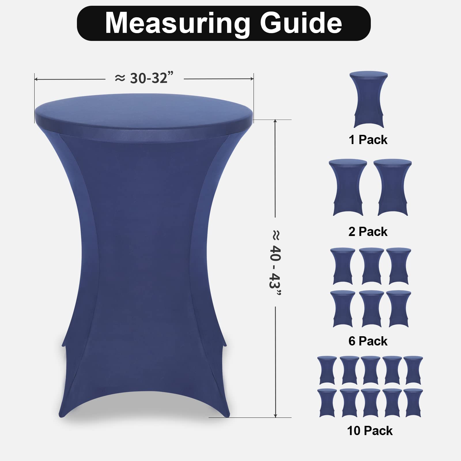 FestiCorp Paquete de 10 fundas ajustables de elastano para mesa de cóctel, mantel elástico para fiestas, bares, bodas, cumpleaños, banquetes, color azul marino, 30-32 pulgadas de diámetro x 40-43