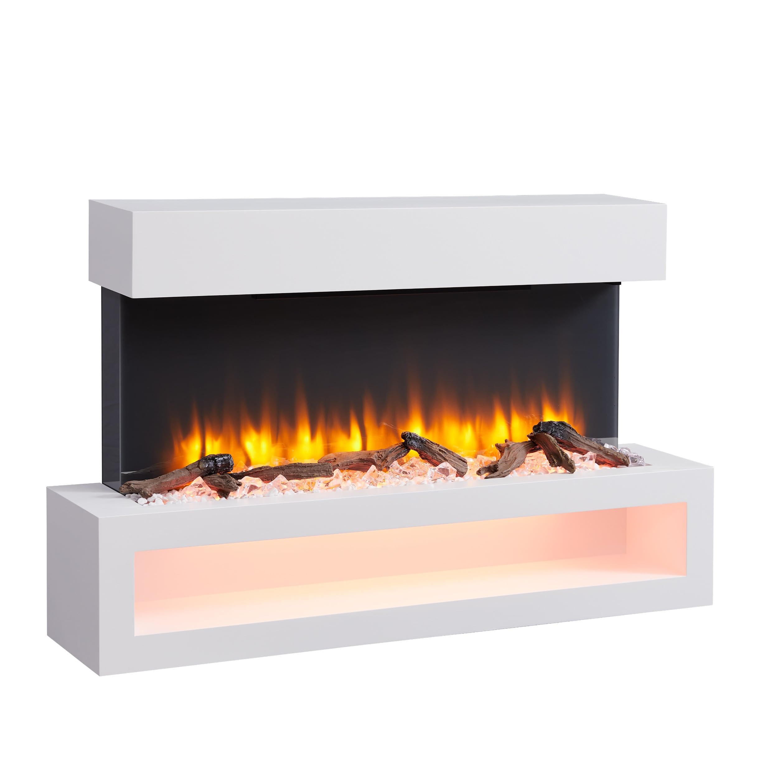 BALDERIA camino elettrico Nikos | Caminetto elettrico a muro effetto fiamma 3D | Riscaldamento elettrico 2000 W, luce LED | Focolare sospeso a parete con telecomando, timer, termostato | Bianco