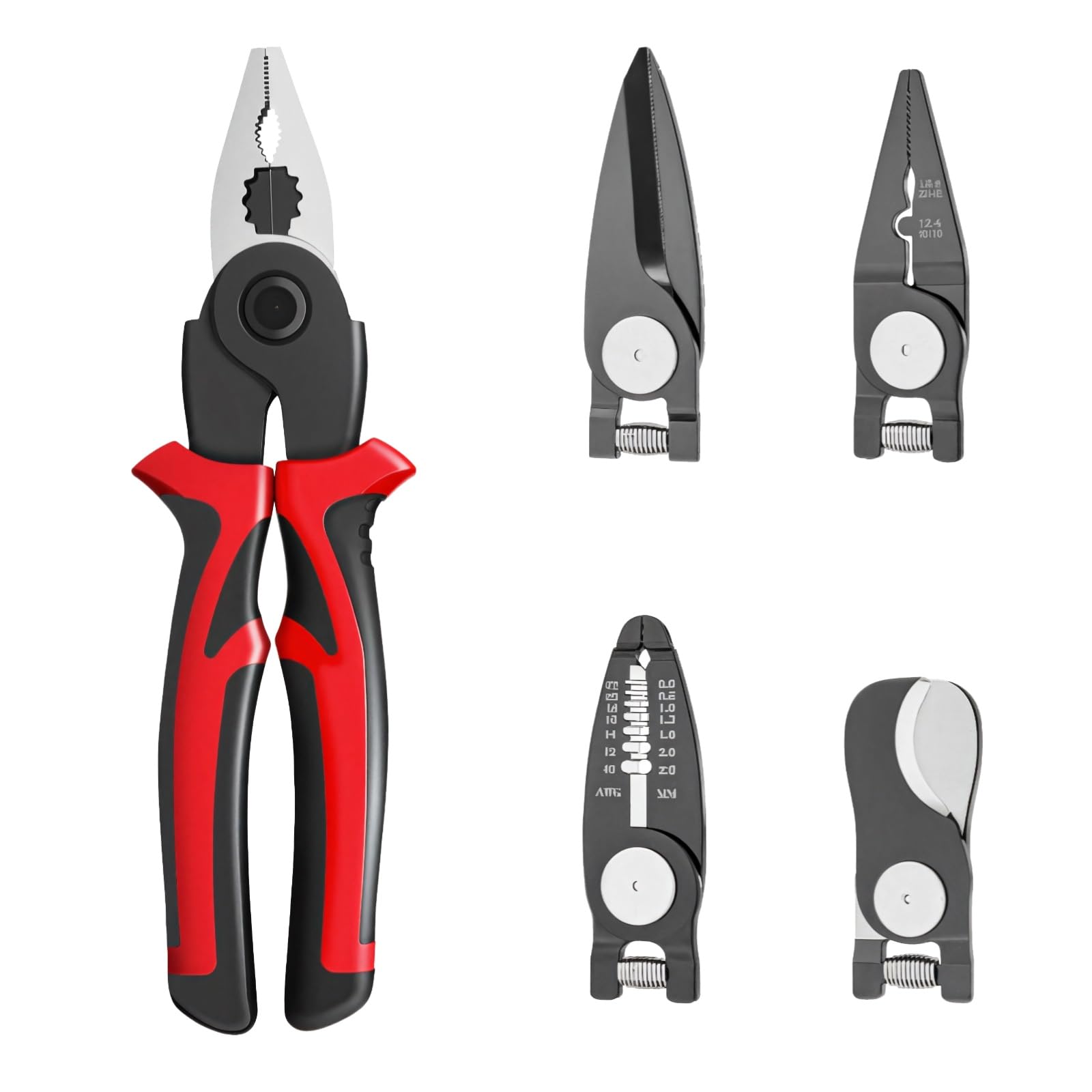 Set di pinze multifunzione 5 in 1, spelafili e pinze a becchi ad ago con manici ergonomici rossi e neri, custodia, testine intercambiabili per fai da te e lavori elettrici