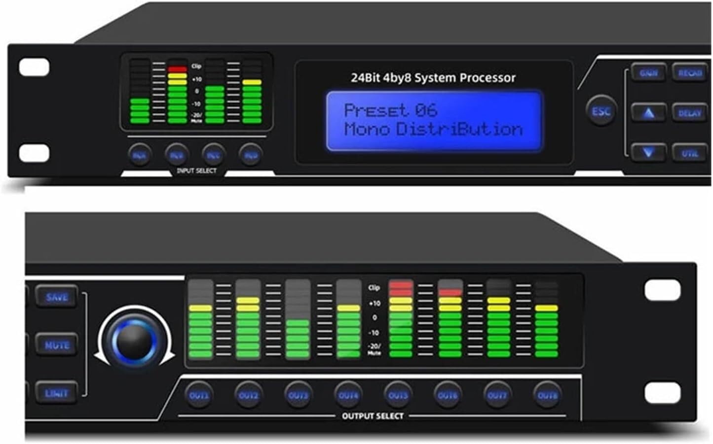 LNNW Ecualizadores Gráficos Ecualizador de Audio for DJ, 24 bits, 4 x 8, procesador DSP de 4 entradas y 8 Salidas, Sistema de Audio for Estudio de grabación.