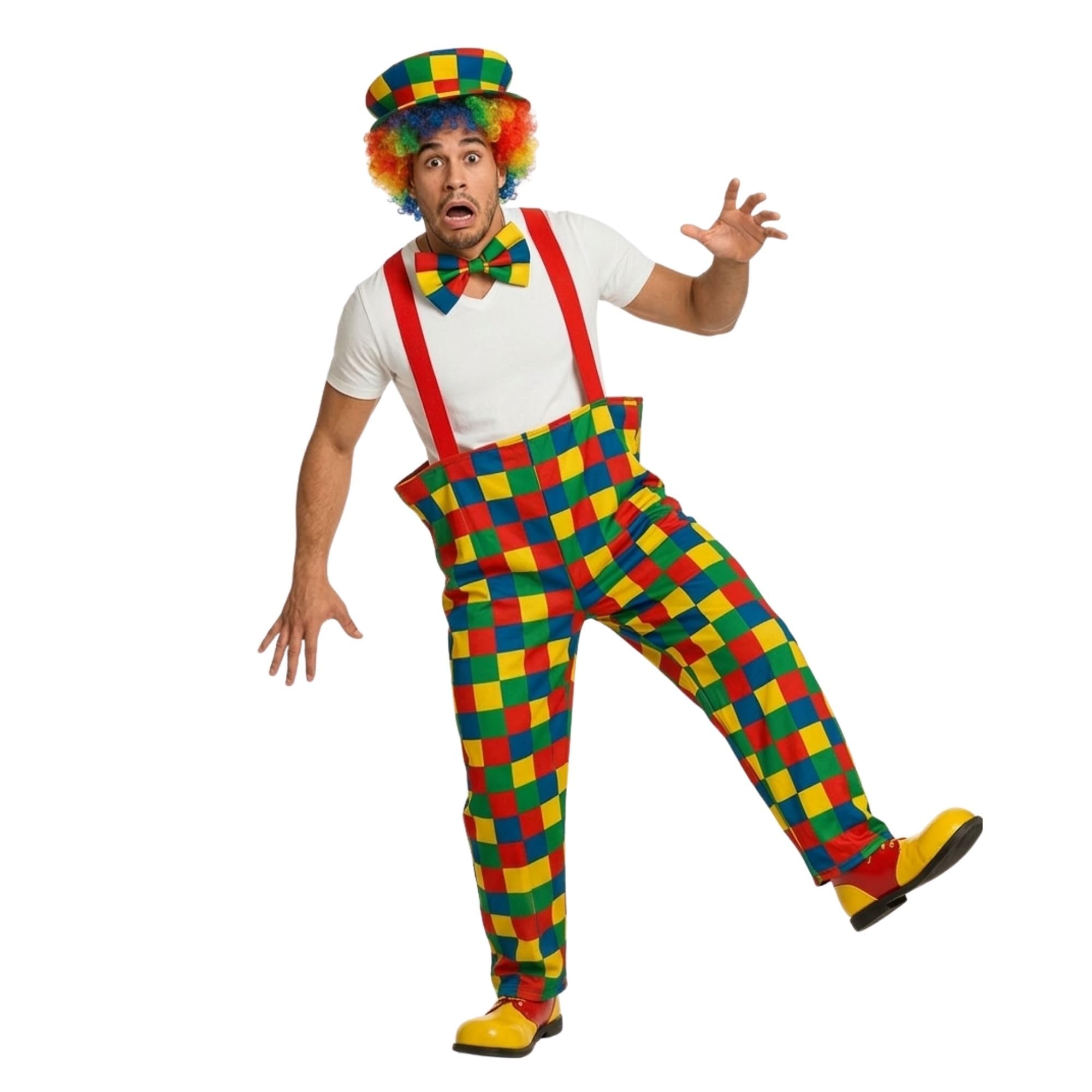 Yezmo Costume de clown 7 pièces pour femme avec plumes, bandeau, gants, chaussettes, jupe tutu arc-en-ciel, dos en Y, bretelles réglables, nœud papillon et nez