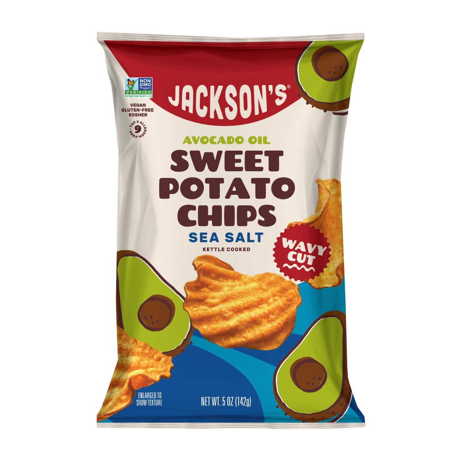 Jackson’s Wavy Sweet Potato Kettle Chips - with Sea Salt made with Premium Avocado Oil (5 oz, Pack of 7) - Allergen-friendly, Gluten Free, Peanut Free, Vegan, Paleo Friendly - Shark Tank Product