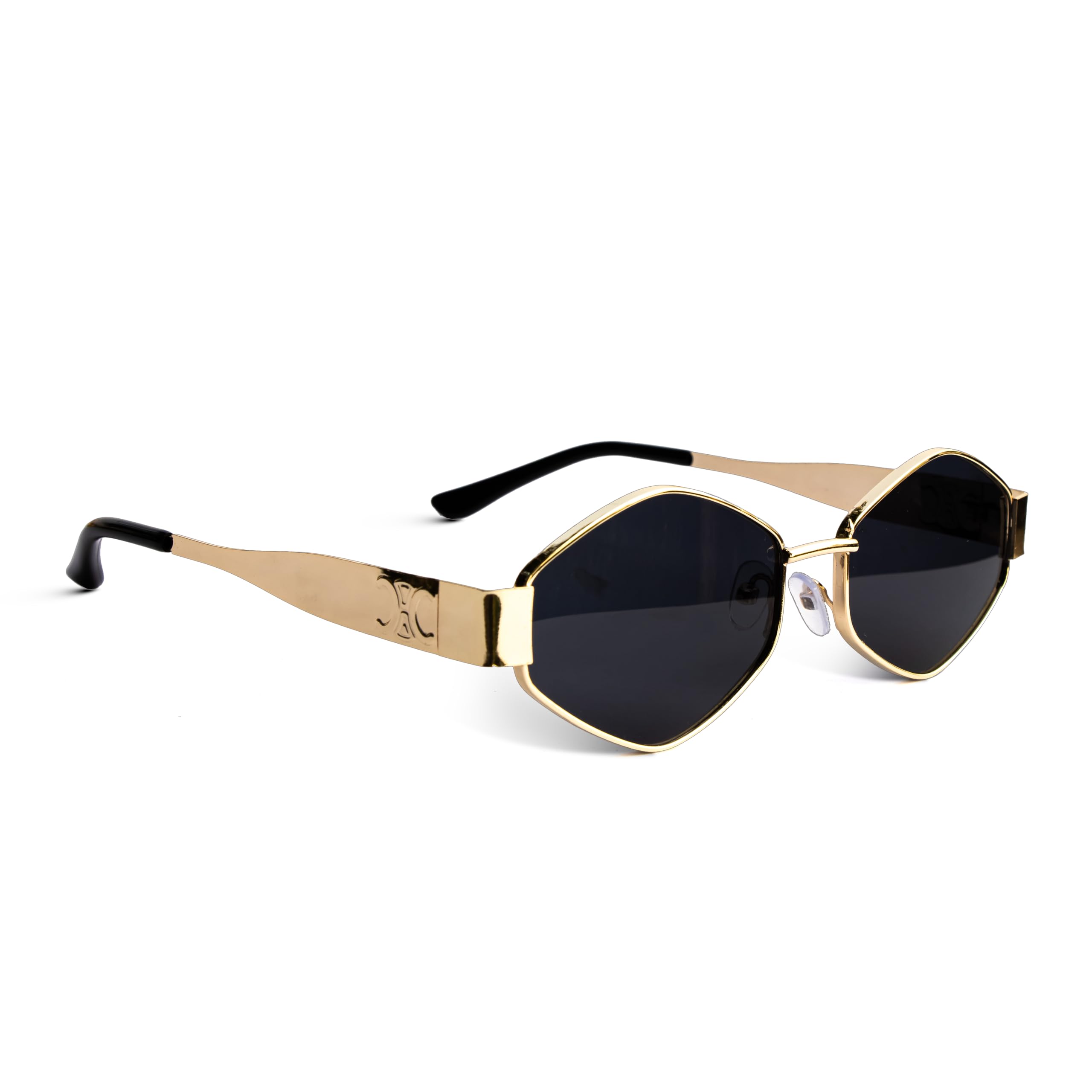 Golden Frame Black Lens Sunglasses for Women, Hexagonal Shape, Metal Frame-image-0