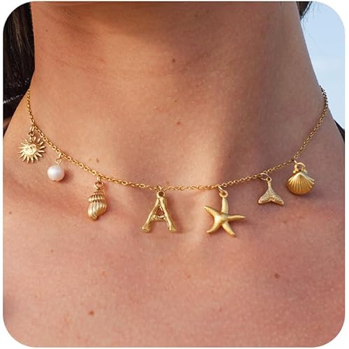 Gold Initial Charm Necklaces for Women, Boho Surfer Beach Letter Necklace 14K Gold Plated A-Z Pendant Alphabet Choker Necklace Personalized Monogram Name Necklace Beach Jewelry for Women Gift